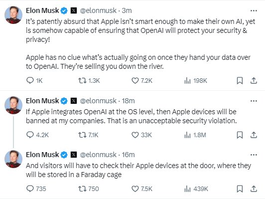 马斯克说若苹果在操作系统层面集成OpenAI就将禁止其设备进入他的公司  第1张